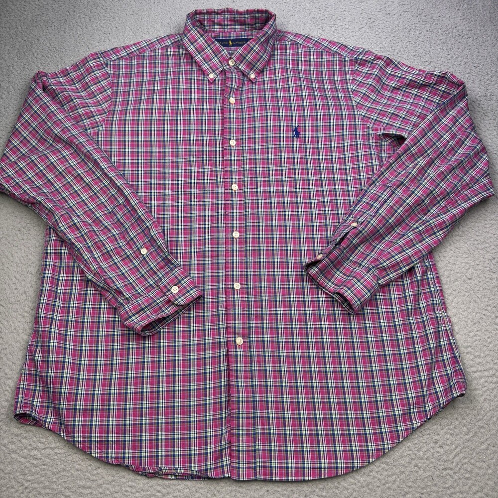 RALPH LAUREN Shirt Mens XL Pink Blue Green Plaid Preppy Casual